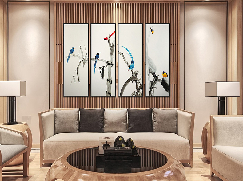 新中式手绘艺术装饰画 客厅卧室挂画 鸟语枝头